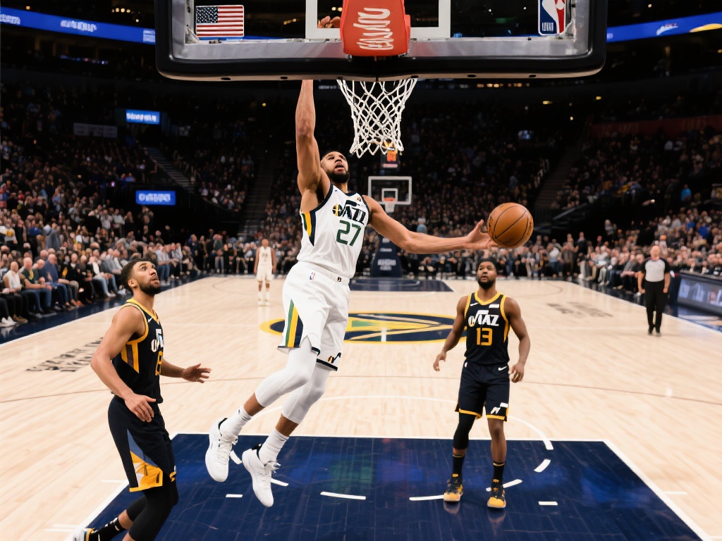 康利三分失手 戈贝尔原地暴扣补篮 在激烈的篮球比赛中,总有一些瞬间让观众热